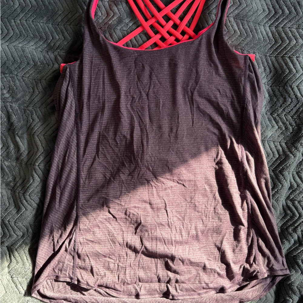 lululemon athletica Purple with White Stripe Backless Tank w Bright Pink Bra